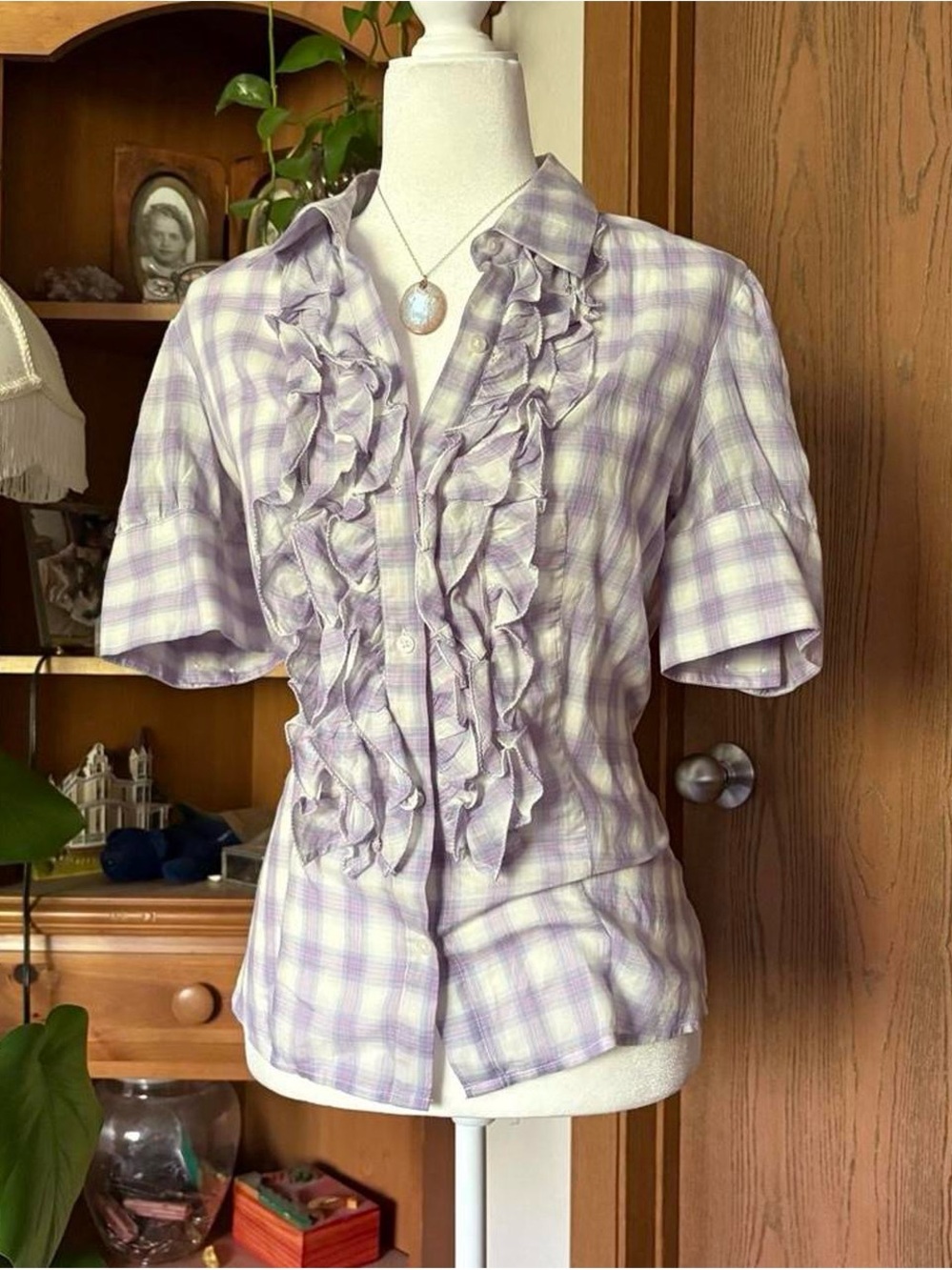 Moda International Pastel Plaid Ruffle Button-Up